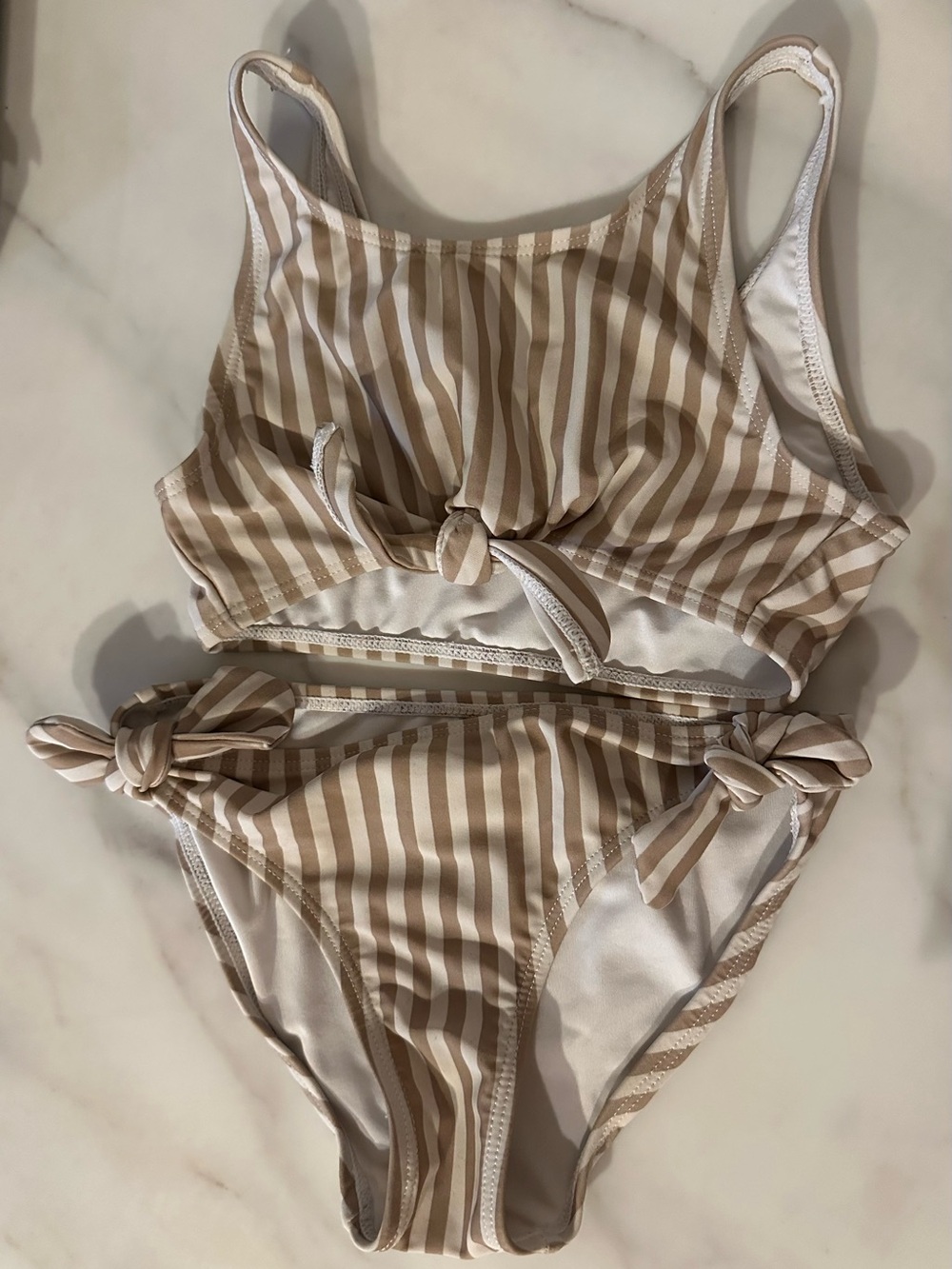 Rylee + Cru Beige and White Striped Kids Two-Piece Swim Set